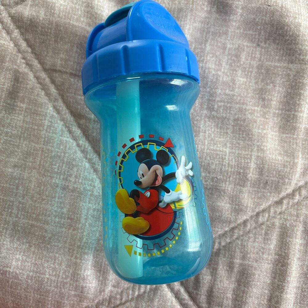 The First Years Disney Mickey Mouse Blue Gear Straw Trainer Sippy Cup EUC